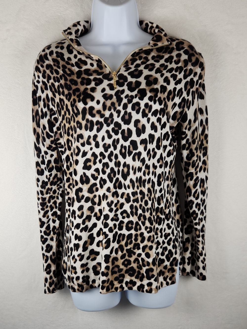 Chico's Leopard-Print Quarter Zip Pullover - Brown, Black, Cream Size M